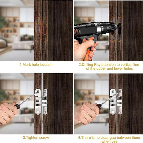Installation process of Two Pack Concealed Hidden Hinges For Cabinets And Furniture, 180 Degree Cross Hinge, Zinc Alloy With Stainless Steel, 13x45 Mm, Invisible Mount, Durable, Easy Install.