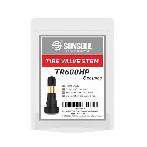Package of High Pressure Brass Stem Snap In Tire Valves for 0.453 Inch Rim Holes, 11.5mm EPDM Rubber Core, SUNSOUL TR600HP