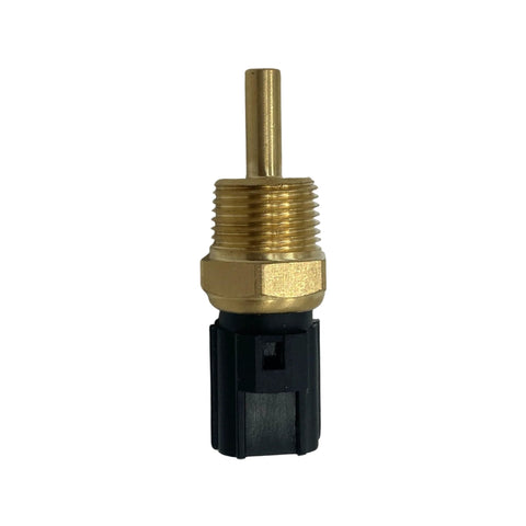 Engine coolant temperature sensor with brass threaded body and black plastic connector.
