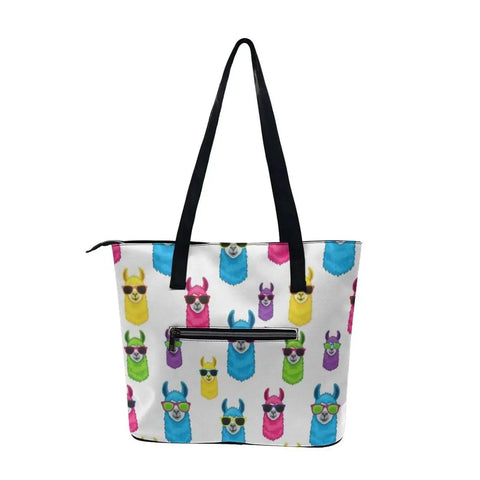 Everyday Leather Tote For Men And Women, Large Capacity Shoulder Bag With Zipper, Lychee Grain Leather, Casual Unisex Handbag Fits Tablet And More, Go-To Work Bag With Rainbow Llama Sunglasses Accent, 11.4 Inches Long - front view featuring llama design in vibrant colors with black handles and zipper