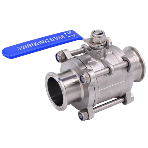 2-inch sanitary ball valve with blue lever handle, stainless steel body and tri-clamp ends