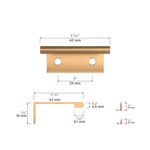 1-Inch Center-To-Center Satin Gold Modern Cabinet and Drawer Edge Pull Handle with dimensions and wood screws included