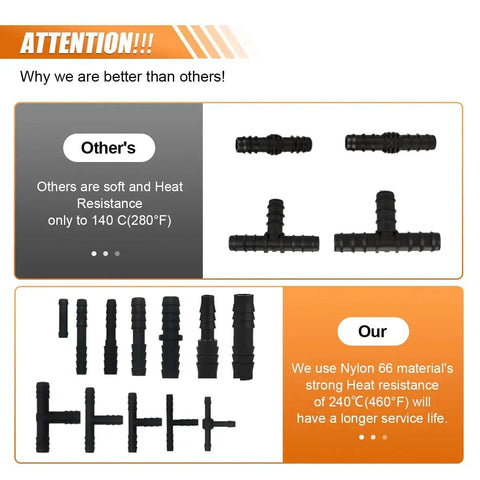 Comparison of nylon vacuum connectors in 125 Piece Vacuum Connector Kit For Auto Hose Fittings And Tubing Nylon Barbed Tee Reducer.