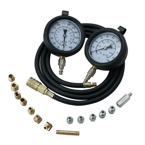 Master Engine and Transmission Oil Pressure Test Set with dual gauges and hoses, Amazon brand, includes brass adapters