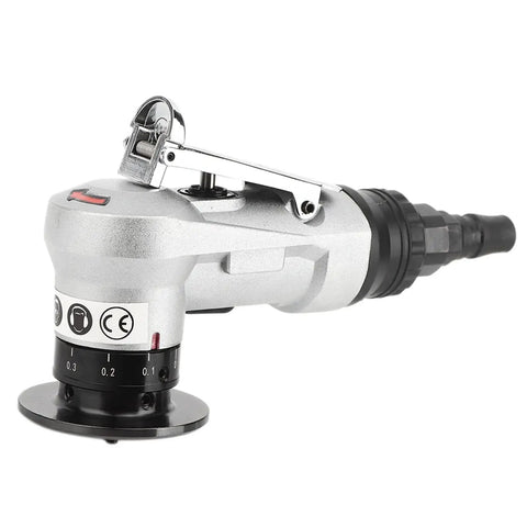 Side view of a metal air angle grinder with black adjustment dial, designed for precise trimming and cutting tasks.