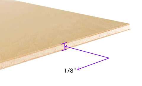 Close-up of Baltic Birch Plywood Sheets 3mm 1 8 Inch Thick 12 By 18 Inches Box Of 6 Perfect For Laser And CNC Cutting Engraving Wood Burning DIY Art Projects With Smooth Sanded Face And Back Veneer Craft Grade BB CARB Phase 2 Compliant showing thickness.