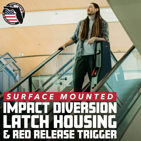 Person carrying molded flight case for SG style double cutaway guitars on an escalator with red release trigger visible