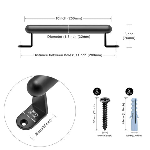 Dimensions and components of 12 Inch Barn Door Pull Handle Heavy Duty Sliding Door Pull For Gate Closet Garage Drawer Towel Bar Stairs Black Finish Durable Steel Construction For Interior And Exterior Use Anywhere.