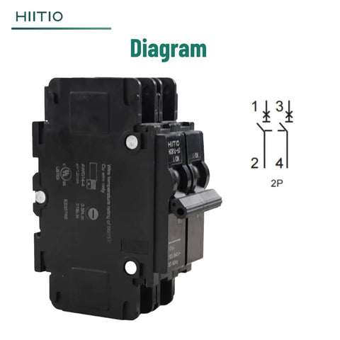 50 Amp 120V/240V Miniature Circuit Breaker 2 Pole DIN Rail Mount UL489 Listed HCB1U-60 MCB shown with diagram view