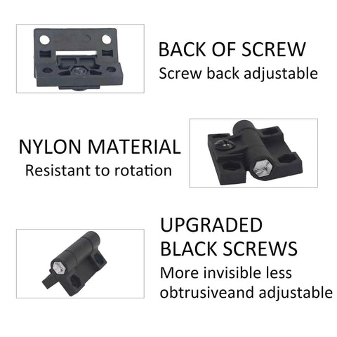 4 Pack Adjustable Torque Hinge Set With Plastic Position Control for cabinets, black finish, close-up view of parts and screws.