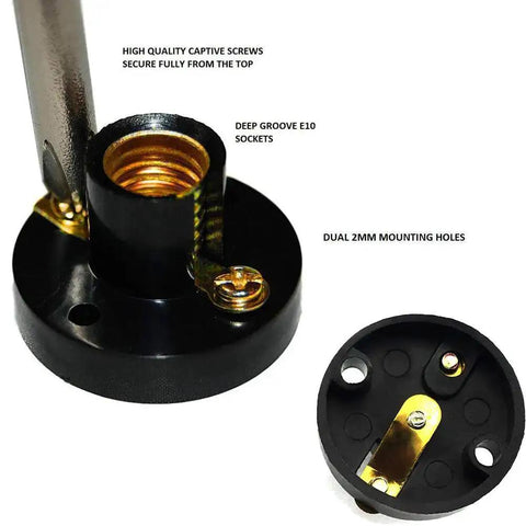 Close-up of 25 Pack E10 Mini Bulb Holders for LED Halogen and CFL Bulbs, showing screw-type socket with brass contact and mounting holes.