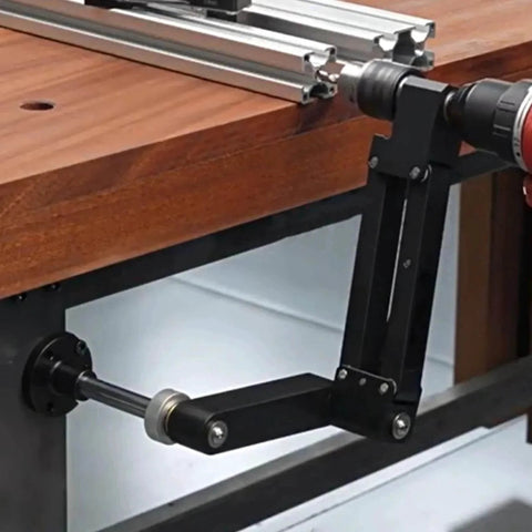 Aluminum CNC Tapping Cantilever Bracket and Support Arm for Vertical or Horizontal Mount with drill attached to workbench