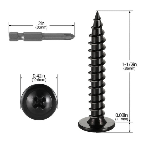 No. 10 By One And A Half Inch Modified Truss Head Wood Screws, Phillips Drive Self Tapping, Fully Threaded, Black Coated with dimensions