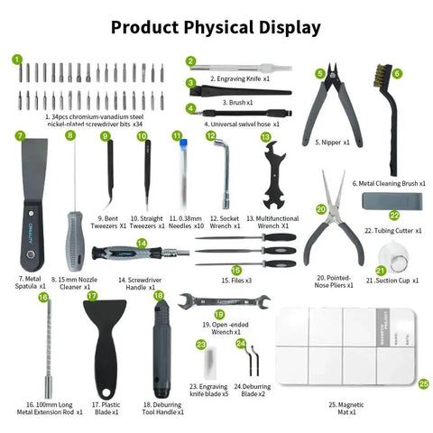 All In One 3D Printer Tool Kit 74 Piece Pro Grade Maintenance Set With Deburring Tool Nozzle Cleaner Screwdrivers Removal And Assembly Tools For All Printers Ideal For Makers Hobbyists And Professionals. Various tools displayed.