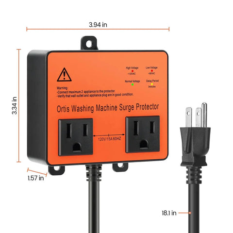 Front view of orange Washing Machine Surge Protector With Time Delay Keeps Your Gear Safe From Power Drama Brownouts Spikes Surges.