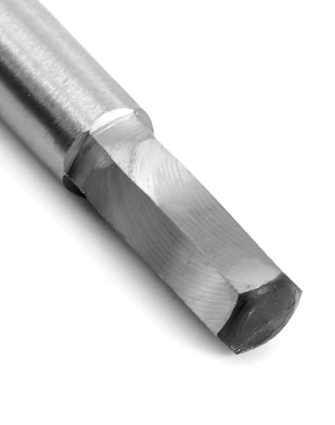 Close-up view of the 3/8 inch hex shank of Heavy Duty Wood Auger Drill Bit For Fast Drilling With Self Feeding Coarse Screw Point One Half Inch Diameter Sixteen Inch Length Three Eighth Inch Hex Shank QWORK.