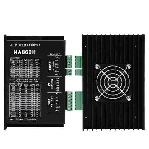 MA860H 200KHz Stepper Motor Driver Microstep Controller viewed from front with cooling fan and connection ports visible