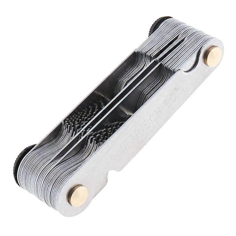 55 Degree And 60 Degree Screw Pitch Gauge With Locking Mechanism For Metric Imperial And US Threads Pro Grade Industrial Measurement Tool For Quick Size Checks Includes Multiple Pitch Sizes, side view on stainless steel.