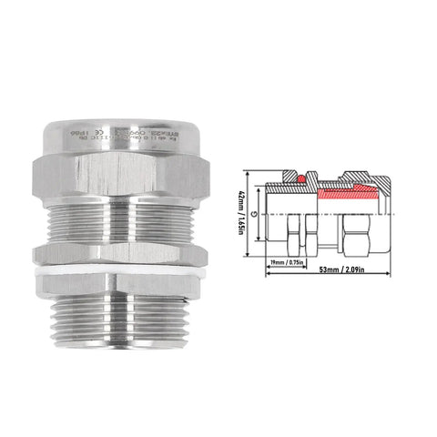 Industrial Grade Explosion Proof Cable Gland Connector In 304 Stainless Steel IP66 Double Sealed for outdoor electrical boxes, front view.