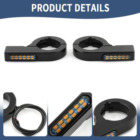 Universal 43 46mm Front Fork LED Turn Signals for Motorcycles 12V Amber Indicator Lights with Clamps Easy Install shown in package