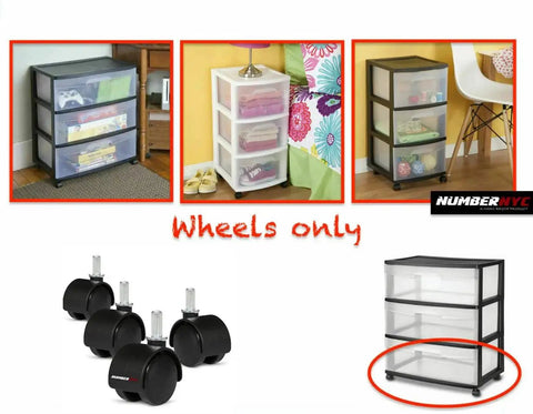 Upgrade Your Sterilite Three Drawer Carts With Four Replacement One Point Five Inch Caster Wheels Black Nylon Construction With Chrome Stem That Swivels 360 Degrees For Smooth Movement And Versatile Use On American Plastic Storage Units By NUMBERNYC