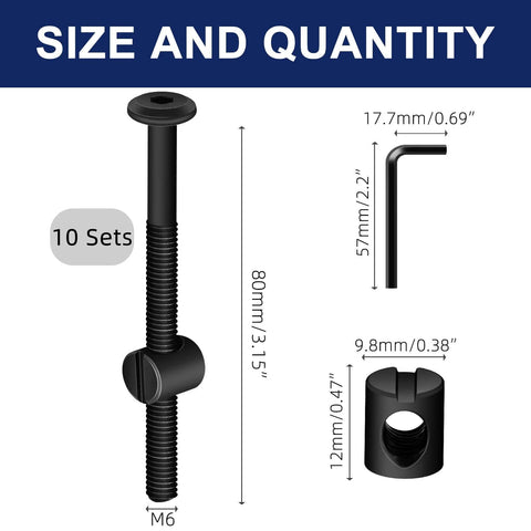 Diagram of M6x80mm black flat head socket head screws with barrel nuts and Allen wrench for furniture assembly, 10 sets included.