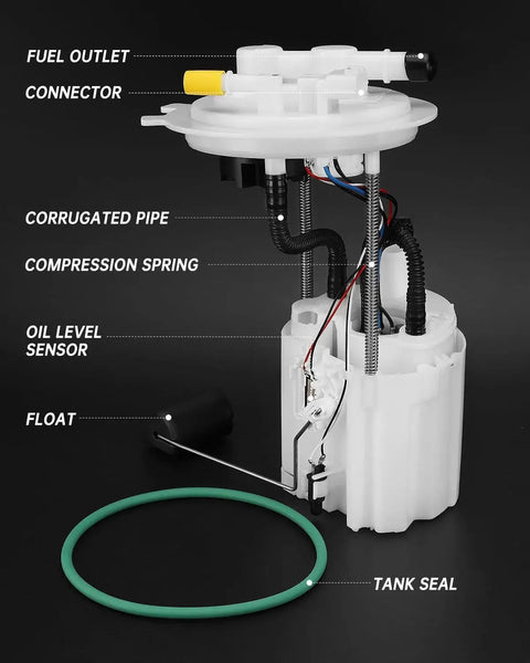 Electric Fuel Pump Module Assembly For Nissan Versa And Versa Note 1.6L L4; labeled parts with fuel outlet, connector, and tank seal.