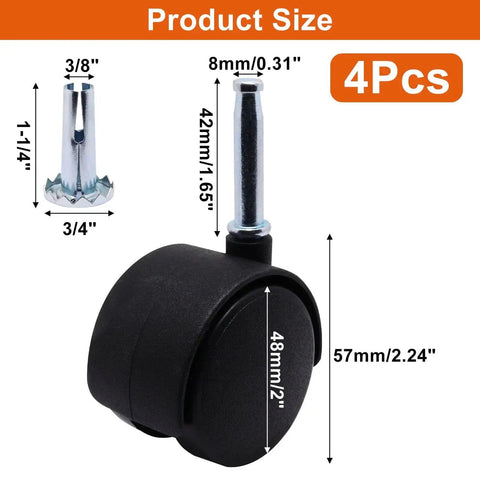 4 Pack M8 Grip Neck Stem Caster Wheels 2 Inch Black Nylon Swivel Casters for Furniture with size dimensions