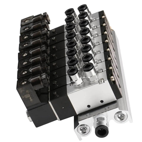 Eight Port Pneumatic Solenoid Valve Set With Two Position Five Way Base Muffler Quick Fittings PT One Eighth Inch DC Twenty Four Volt