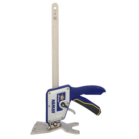Side view of Quick Lift Construction Jack with 10 Inch Lift and 330 Lb Capacity, featuring blue grip and sturdy metal design.