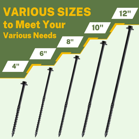 Various sizes of black screws, including Built Tough Structural Wood Lag Screws 6 Inch, 60 Count 14 By 6 Heavy Duty Rust Resistant Hex Head.