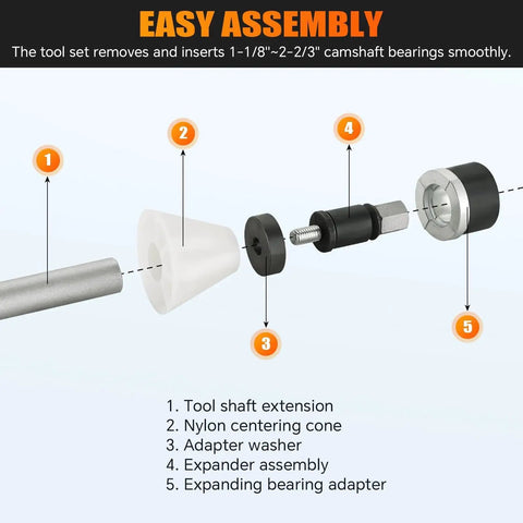 Diagram of Engine Cam Bearing Removal And Installation Tool Set with labeled parts and adapters in assembly sequence.