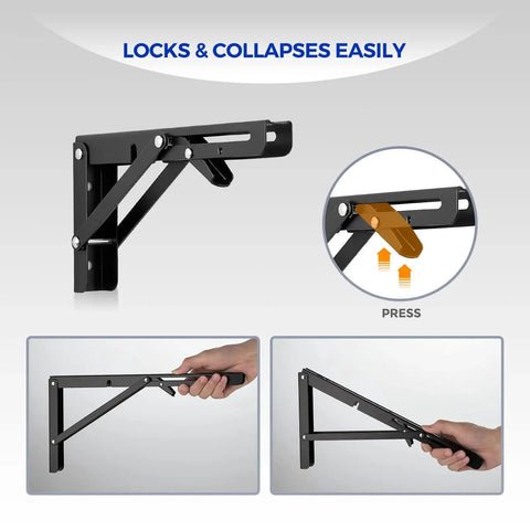 10 Inch Folding Shelf Brackets Set Of 2 Matte Black Heavy Duty Stainless Steel Triangular Design for easy locking and collapsing