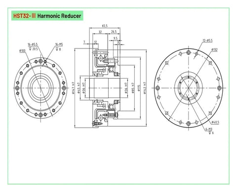 Technical drawing of Compact Harmonic Drive Systems With Low Backlash And High Torque For Robotics, HST32III variant.