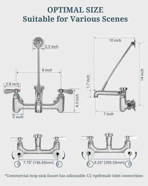 Commercial Mop Sink Faucet With Vacuum Breaker, Wall Mount Utility Sink Faucet, 8 Inch Adjustable Center, Pail Hook, Built Tough Brass