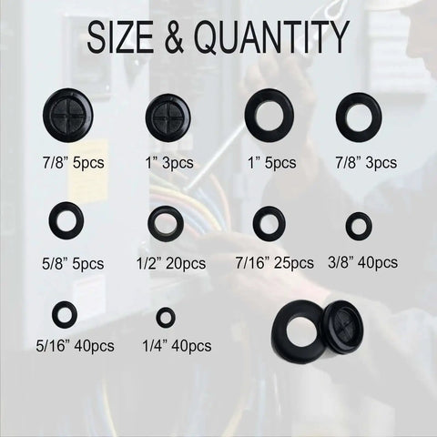 Assorted sizes of firewall hole plugs from the 188Pcs Rubber Grommets Kit In 10 Sizes With Firewall Hole Plugs Assortment For Wires Electrical