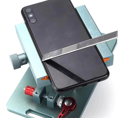 Lockable 360 Degree Rotary Back Glass Demolition Clamp for phones and tablets with durable aluminum holder and rubberized jaws.