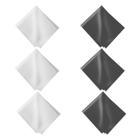 Microfiber Cloths Six Pack 6x7 Inch Lint Free Lens Screen Cleaners For Glasses, three white and three black cloths side by side.