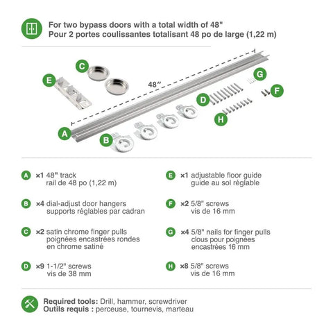 Richelieu Hardware 14660BC 60 Inch Bypass Door Hardware Kit With Zinc And Brass Finish for Tight Spaces, parts laid out