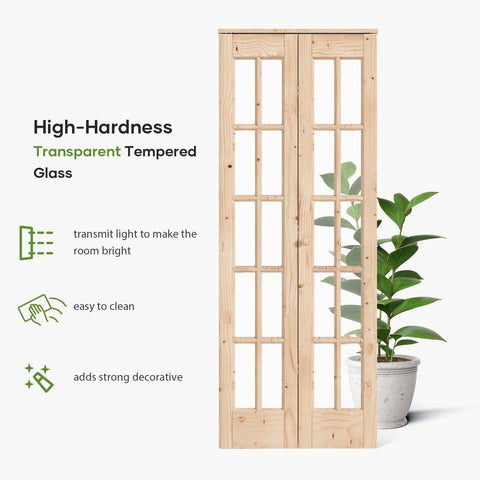 Space Saver Bifold Closet Door For 32 By 80 Opening With French Glass Barn Panels Includes 2.66 Ft Concealed Bi Fold Sliding Hardware Kit Preassembled Door Easy Install DIY Staining Ready For Small Spaces front view