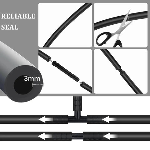 Close-up of Silicone Vacuum Hose Kit with 6 hoses each 4.92 feet and 64 connectors, featuring flexible tubing and cutting illustration.