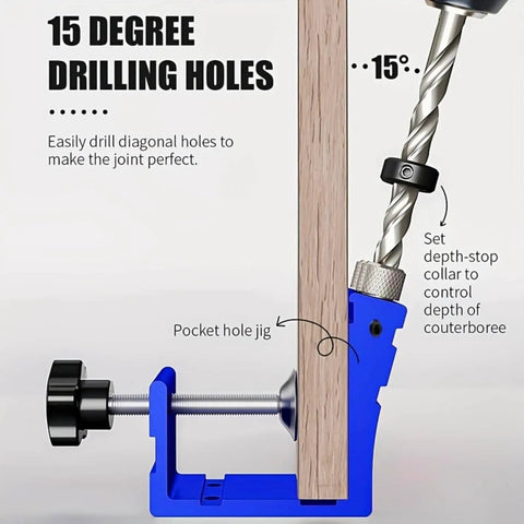 Close-up of 15-degree angled drill guide with adjustable punch locator in the 45Pcs Pocket Hole Jig Set for woodworking.