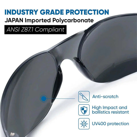 Tinted Safety Glasses Bulk Pack of 24, Protective Sunglasses With Dark Smoke Lenses for UV Protection, ANSI Z87.1 Impact Resistant Eye Gear for Work, Lab and Construction, shown close-up highlighting the anti-scratch and UV400 protection features.