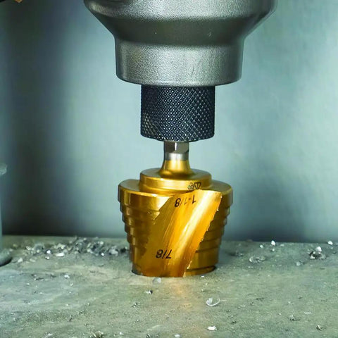 Step Drill Bit Set For Thin Metal Plastic Aluminum And Wood Seven Eighths To One And Three Eighths Inch Double Spiral Flutes in use.