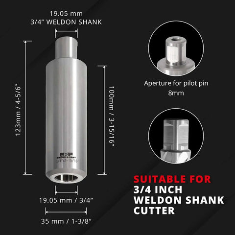 Annular Cutter Extension 4 Inch For Three Quarters Inch Weldon Shank Magnetic Drill Press Adapter dimensions and features display