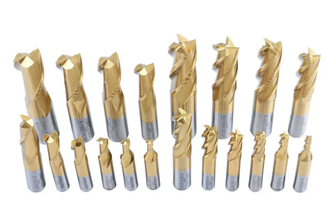 Pro Grade TiN Coated HSS End Mill Set 20 Piece Inch Sizes Three Sixteenths to Three Quarters Includes Two Flute and Four Flute Cutters Straight Shank Wood Case Ideal for Aluminum Wood Steel and General Metalworking