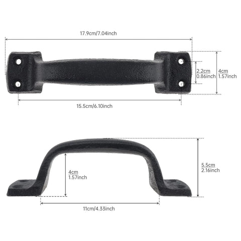 Heavy Duty Sliding Barn Door Handles Black 7 Inch Two Pack Rustic Gate Pull Handles For Shed Fence Cabinet Full Hand Grip Rust Resistant Carbon Steel Powder Coated, front and side view with measurements