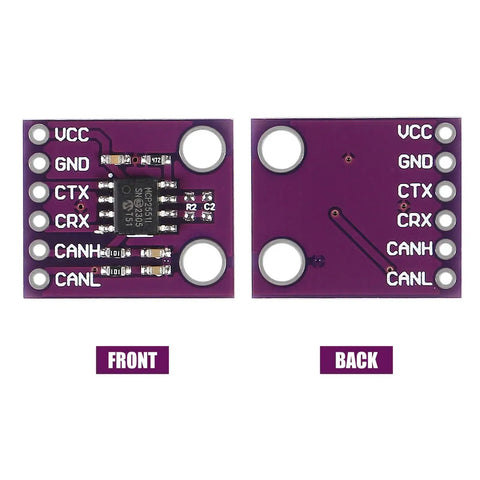 Front and back view of High Speed CAN Bus Interface Module With MCP2551 Transceiver, 6 Pack, ISO 11898 Compliant Protocol Board.