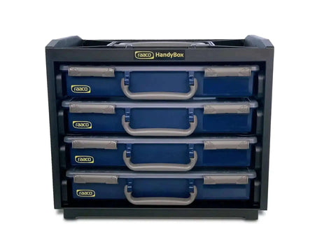 Front view of HandyBox Toolbox Storage And Carrying System with four adjustable grid compartments for nuts, bolts, and screws.