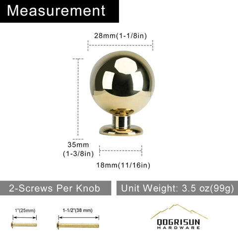 Unlacquered Brass Cabinet Knobs Five Pack Round Ball Knobs with measurements showing 1-1/8 inch diameter and 1-3/8 inch projection.